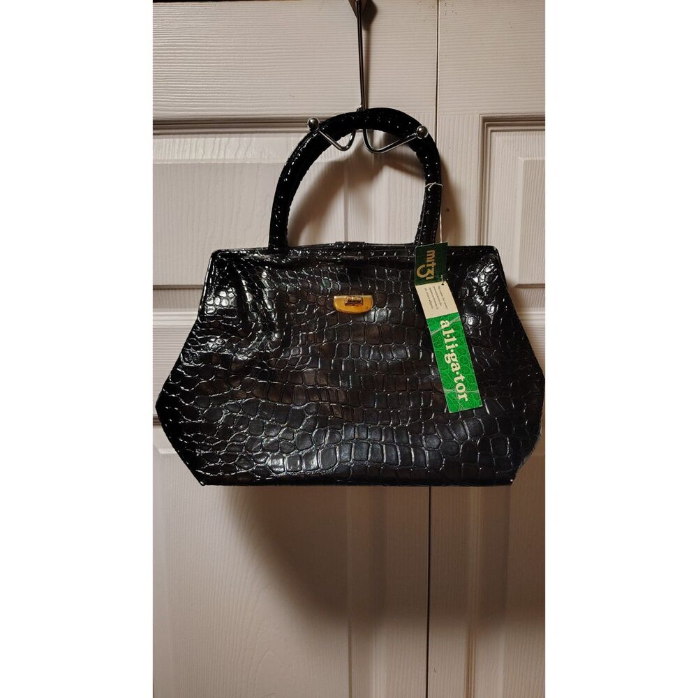 Vtg NWT Mitzi Black Shiny Faux Alligator Crocodile Embossed Satchel Bag